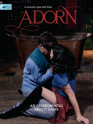 Adorn a man with light skin and short dark hair and a woman with long dark straight hair are kissing on the floor. He is wearing blue shirt, she is wearing blue shirt, red skirt and knee high black boots